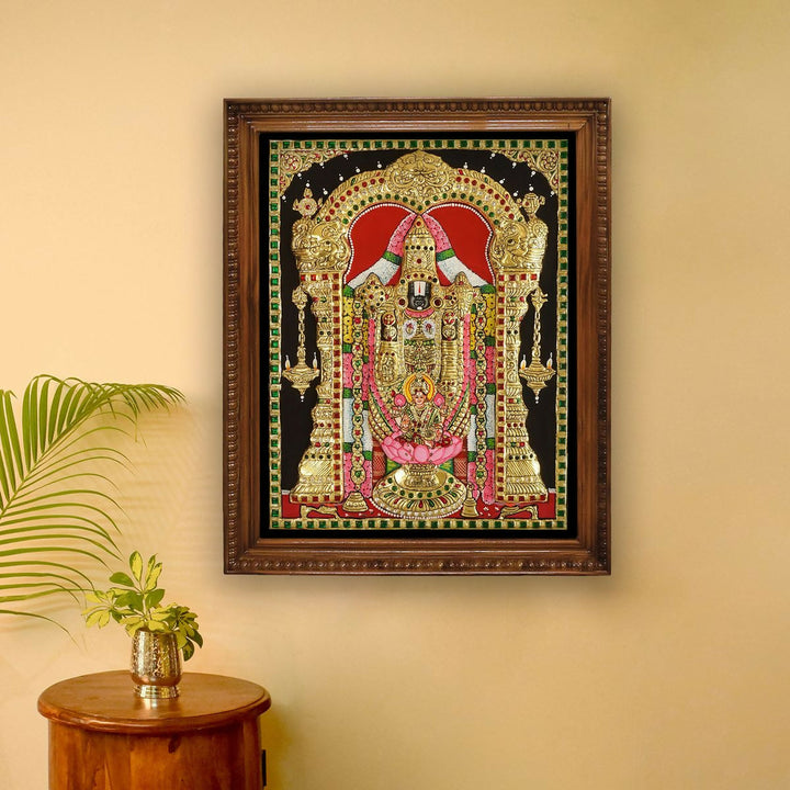 18*14" Balaji Pathalakshmi Tanjore painting Authentic with 22 Ct Gold Foil and Jaipur Gemstones, Unframed | SHOBITAM