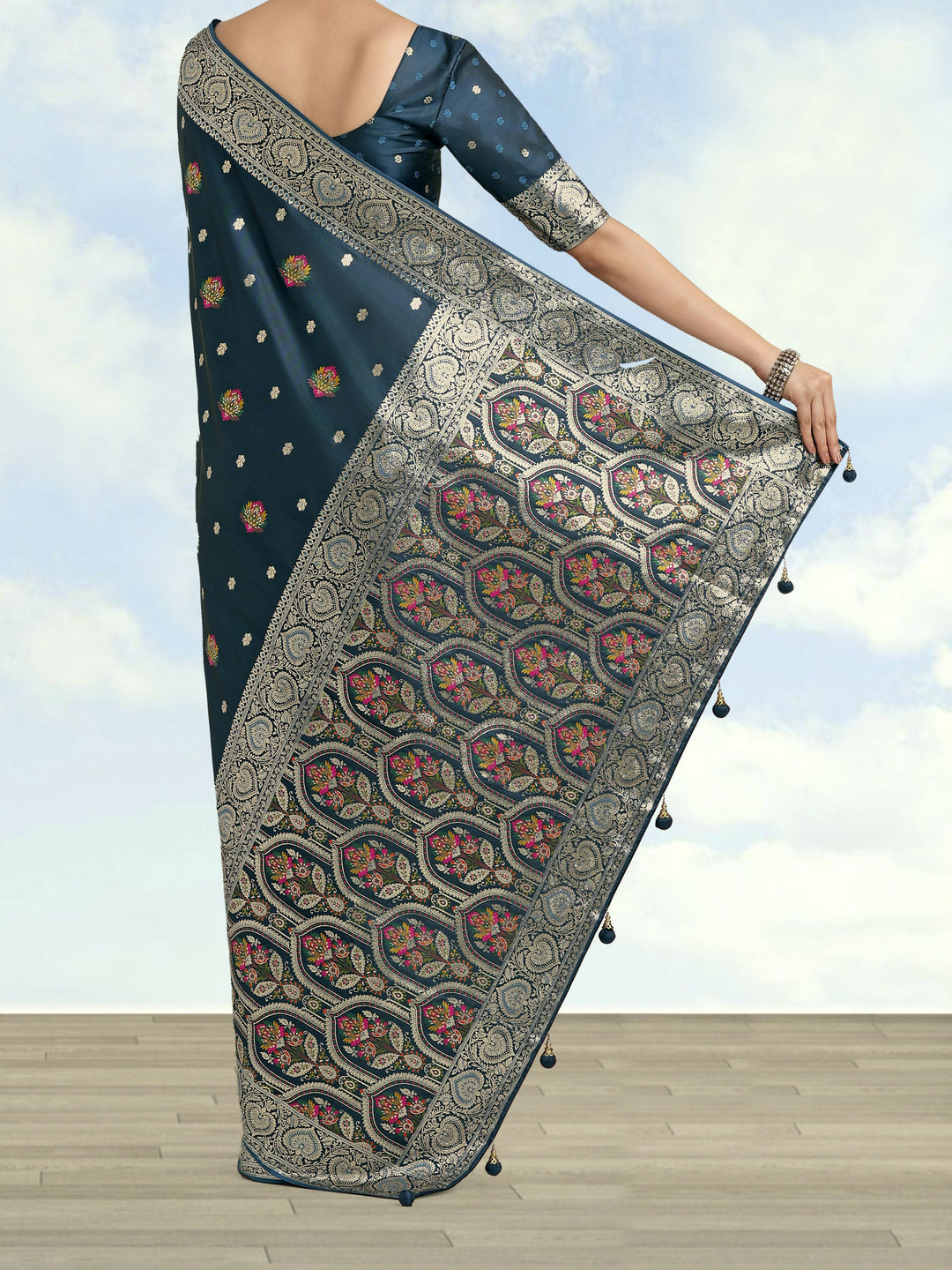 Teal Banarasi Zari Woven Satin Silk Saree | SHOBITAM