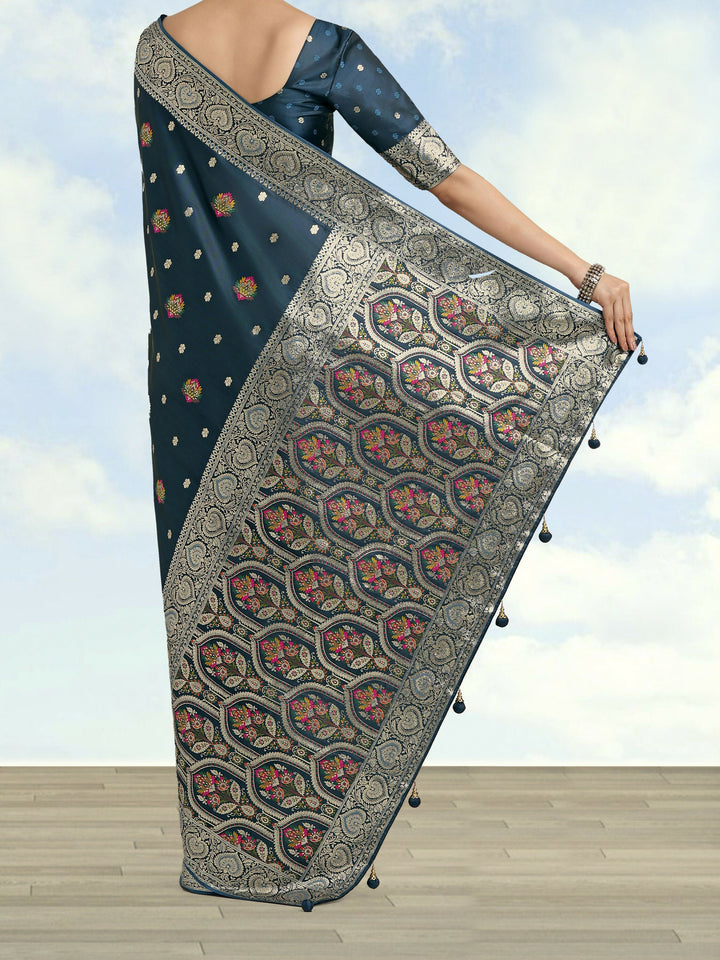 Teal Banarasi Zari Woven Satin Silk Saree | SHOBITAM