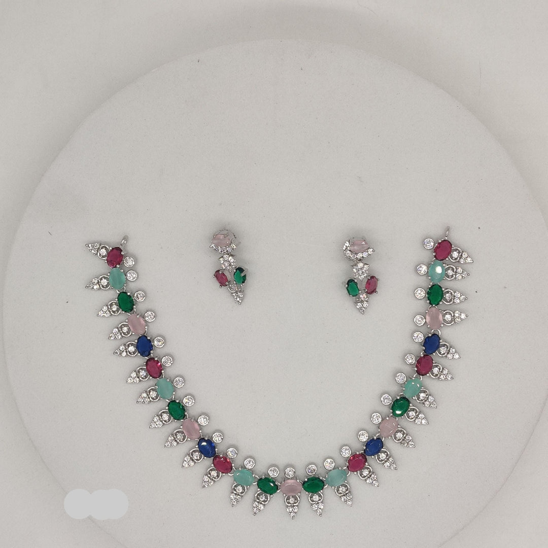 Silver-toned finish vibrant multi-colored CZ necklace set | SHOBITAM