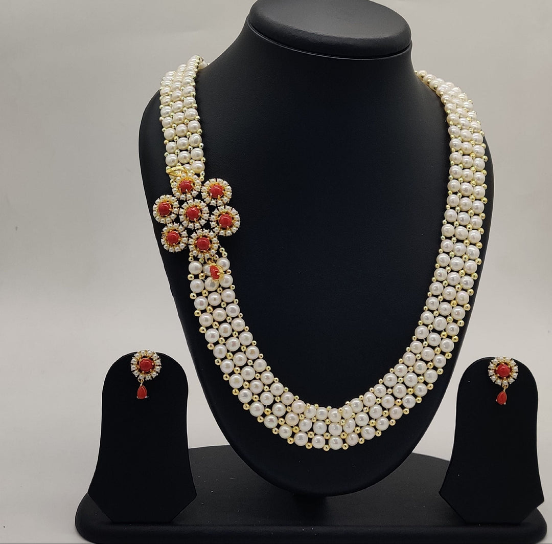 Crimson Blossom Pearls Broach Set | SHOBITAM