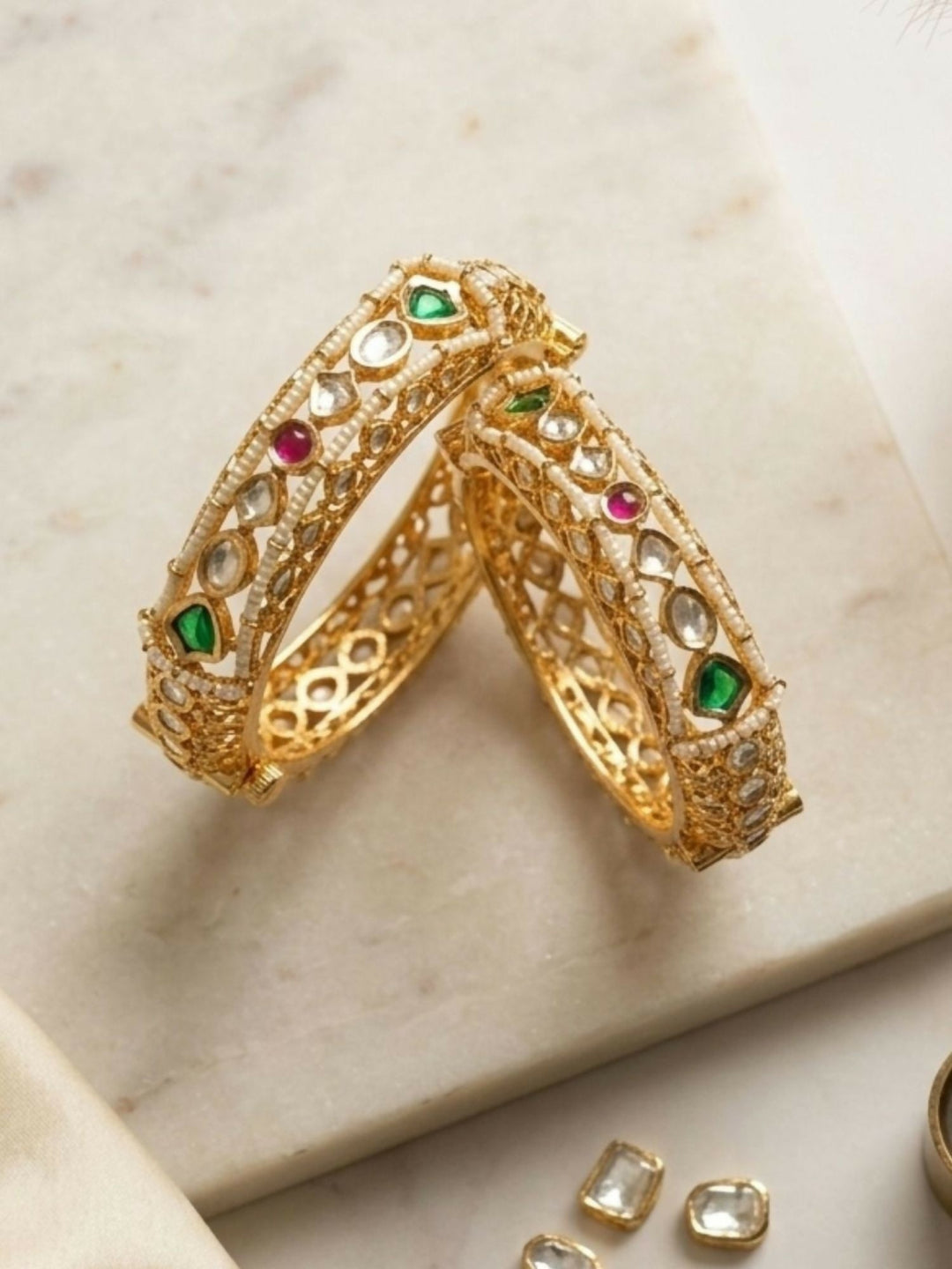 Gold Plated Multicolour Silm Polki Bangles  | SHOBITAM