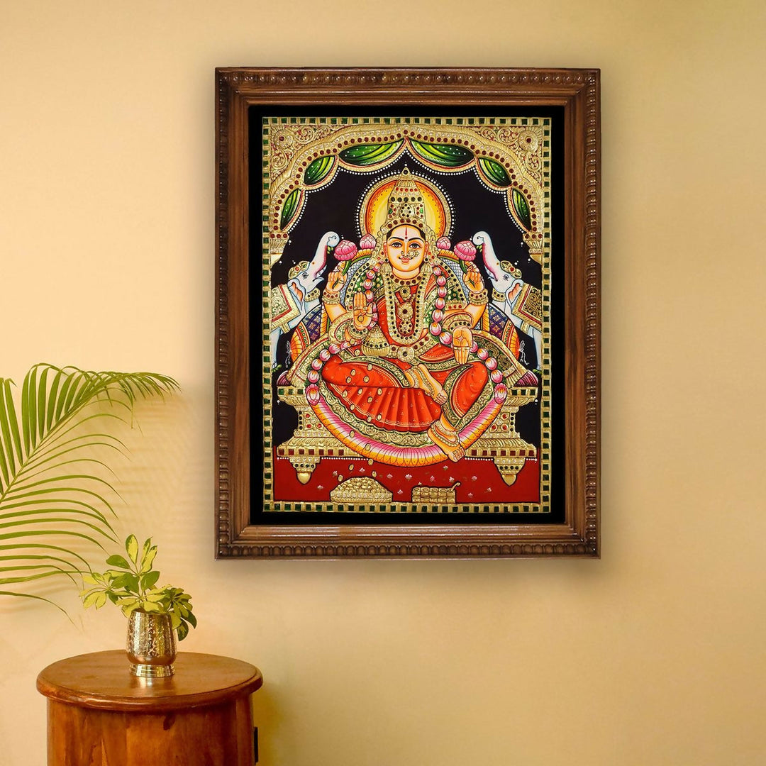 18*24 Authentic TANJORE PAINTING GAJA LAKSHMI With 22 Ct gold Foil and Jaipur Gemstones,Unframed | SHOBITAM