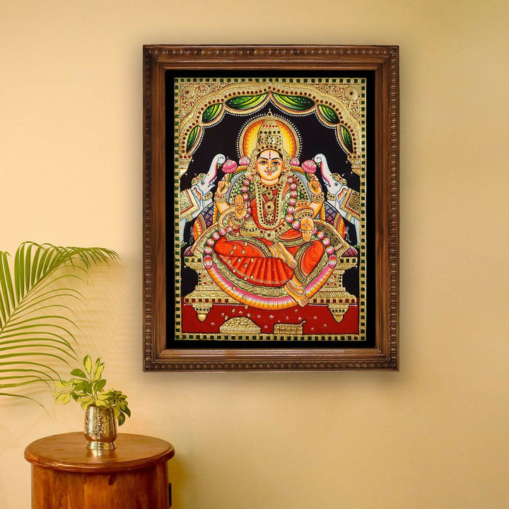 18*24 Authentic TANJORE PAINTING GAJA LAKSHMI With 22 Ct gold Foil and Jaipur Gemstones,Unframed | SHOBITAM