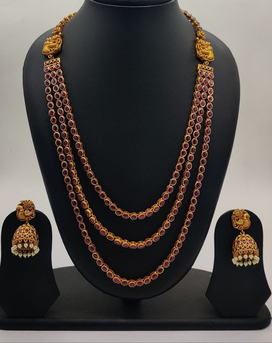 Traditional Temple Style Multi-Layer Ruby Bead Necklace Set