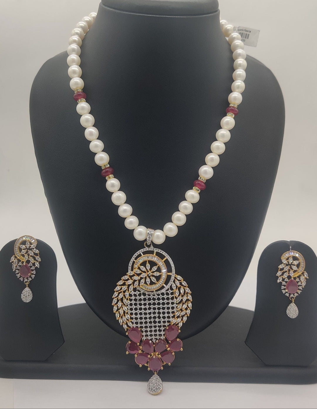 Ruby Radiance – Pearl Necklace with Red Stone 1 Line Pendent Set | SHOBITAM