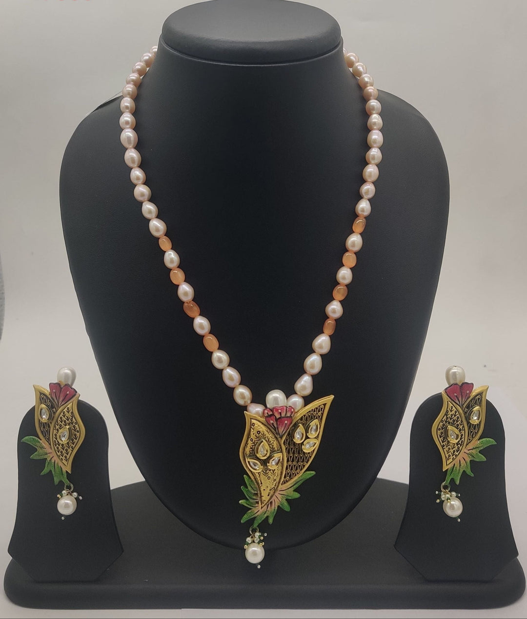 Enchanted Wings – Pearl Set with Butterfly Floral Enamel 1 Line Pendent Set | SHOBITAM