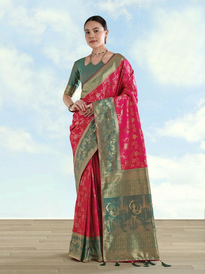 Rani Pink Banarasi Semi Silk Saree With Zari Woven Design | SHOBITAM