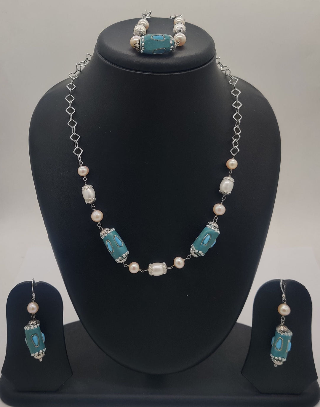 Teal Blossom Pearl Trio Jewelry Silver Necklace Set | SHOBITAM
