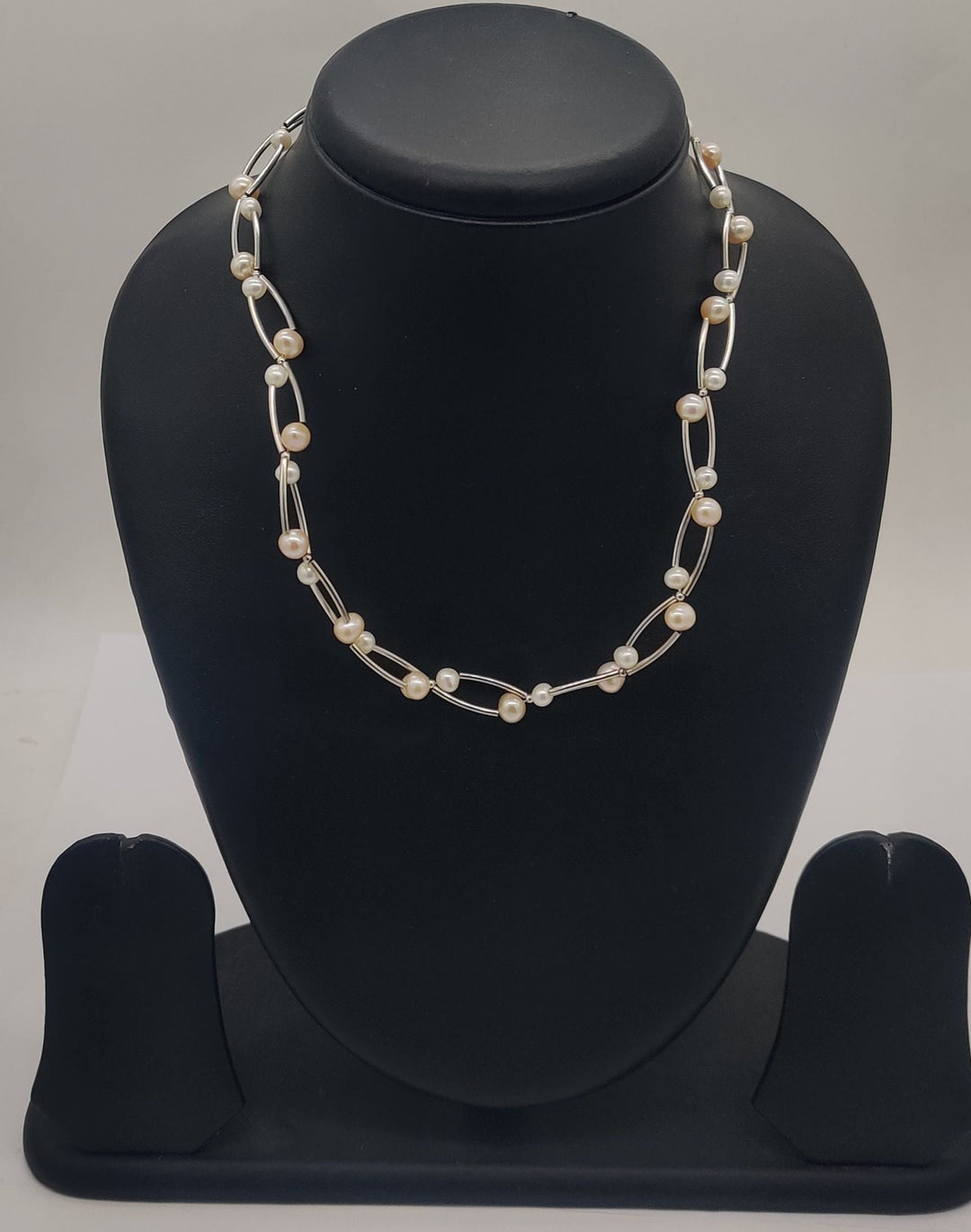 Natural Pearl Linear Link Silver Necklace | SHOBITAM