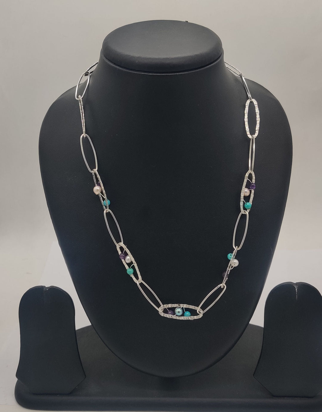 Color Drift Gem Link Long Pearls Silver Necklace | SHOBITAM