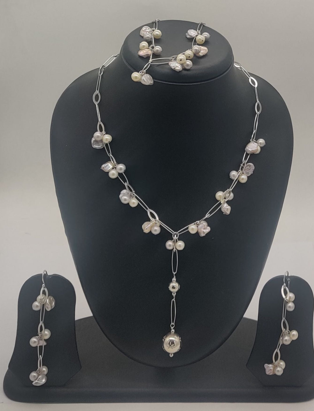 92.5 Silver Freshwater Pearl Cascade Necklace Set | SHOBITAM