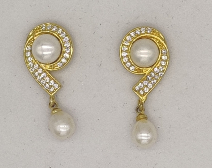 Curved Gold Drop Pearl Earrings | SHOBITAM