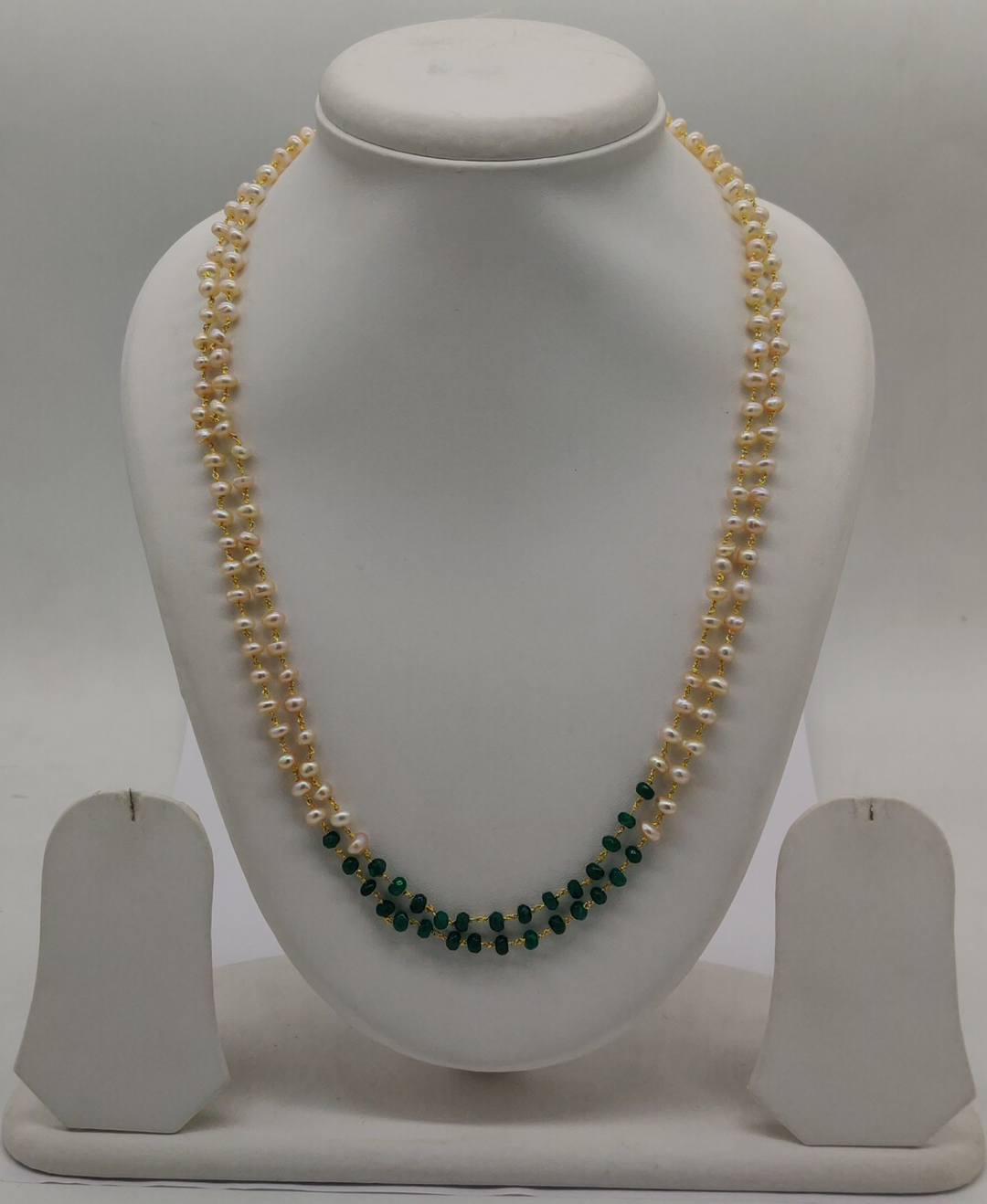 Taar mala Double-Strand Freshwater Pearl Necklace with Green Beads | SHOBITAM