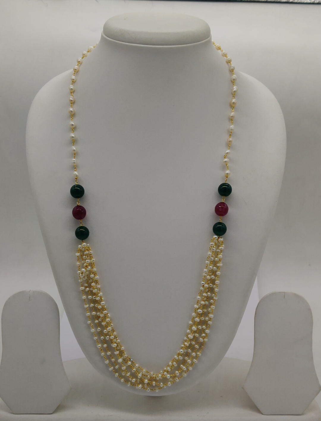 Taar mala Multi-Strand Freshwater Pearl Necklace with Green Red Accents | SHOBITAM
