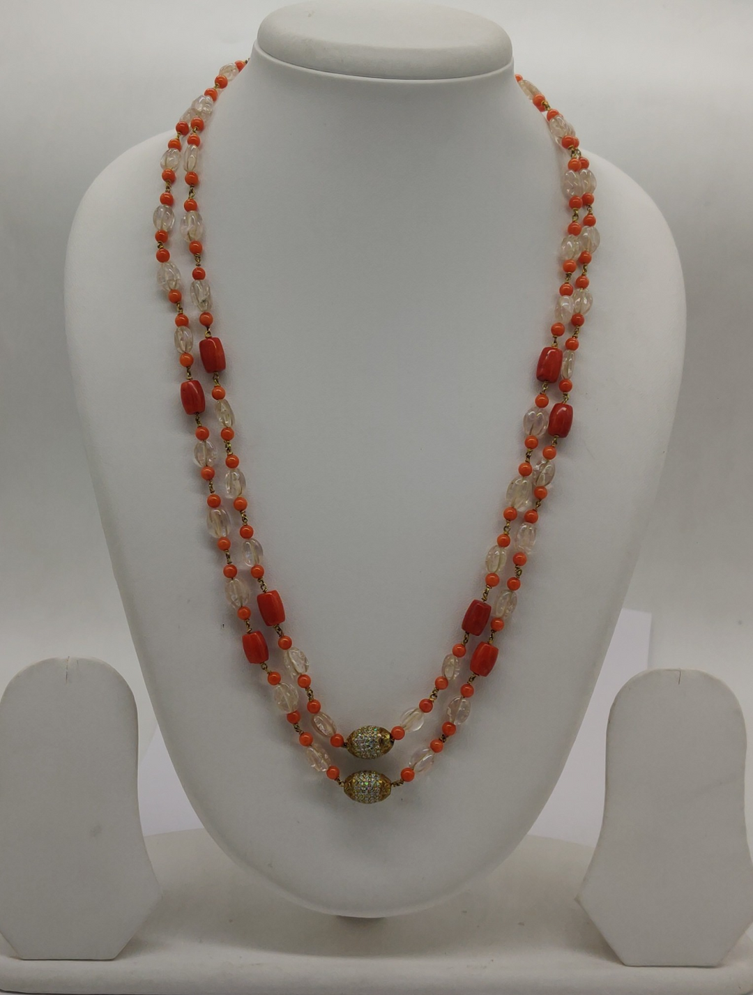 Taar Mala Double-Strand Coral and Clear Bead Necklace | SHOBITAM