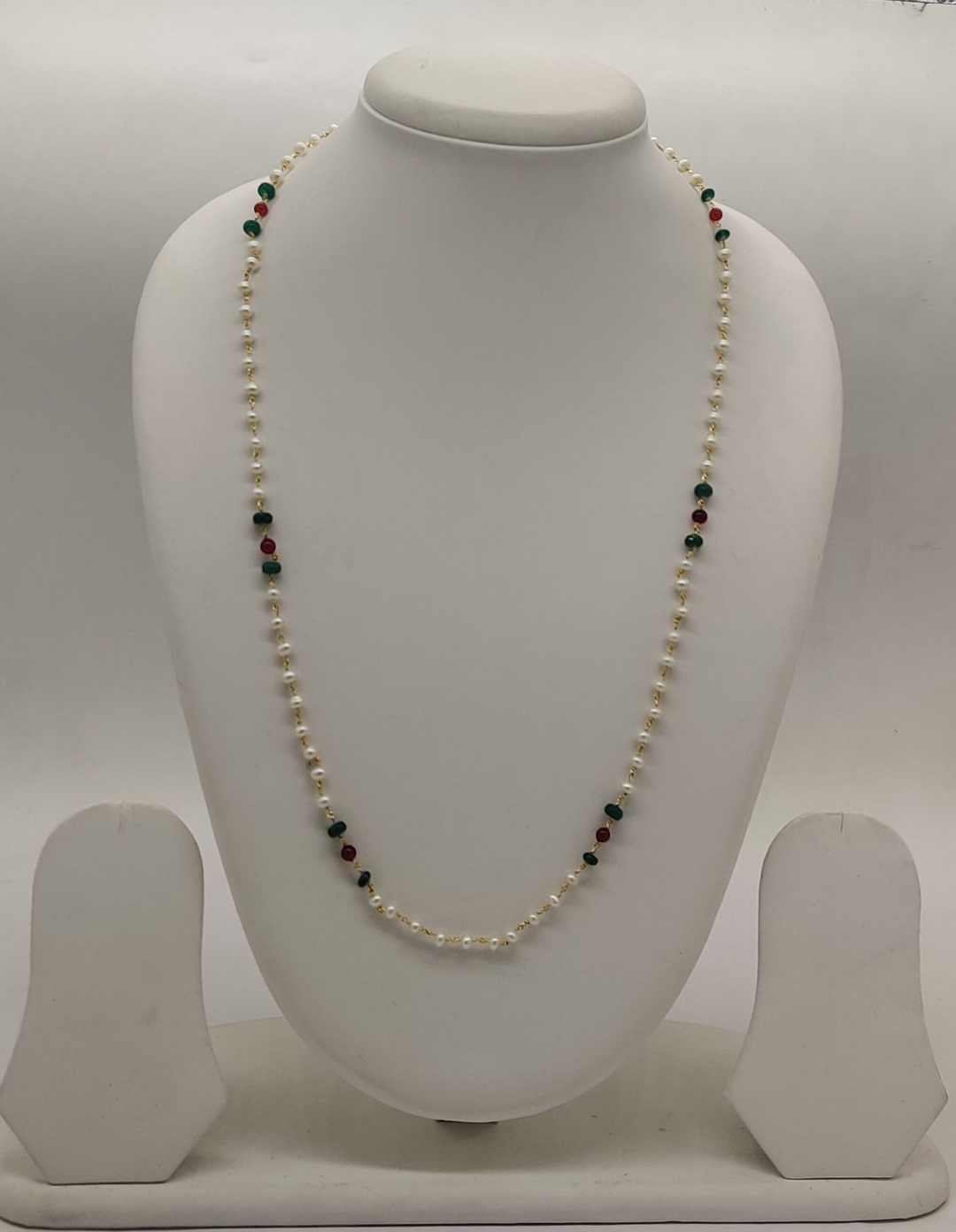 Taar Freshwater Pearl Necklace with Red Green Bead Clusters | SHOBITAM