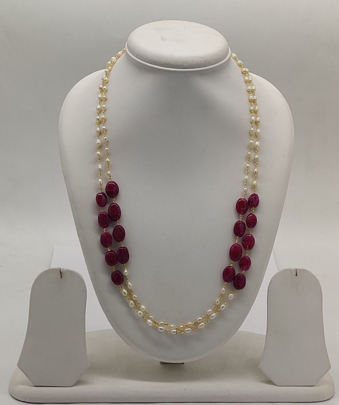 Taar Mala Two-Line Freshwater Pearl Necklace with Deep Red Accents | SHOBITAM