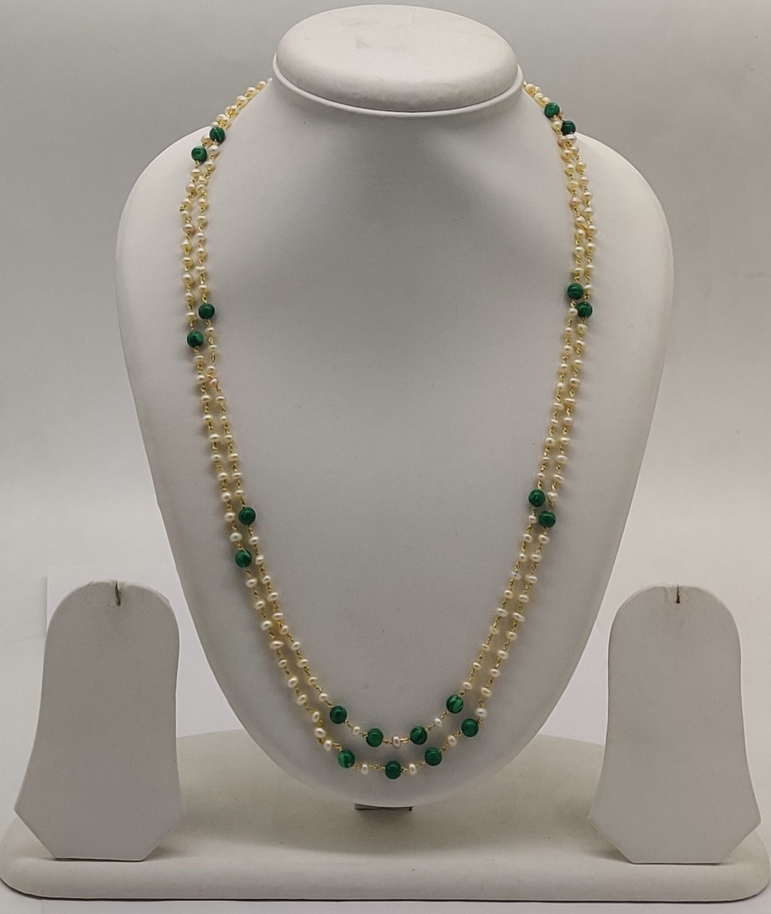 Taar Mala Two-Strand Freshwater Pearl and Green Bead Necklace | SHOBITAM