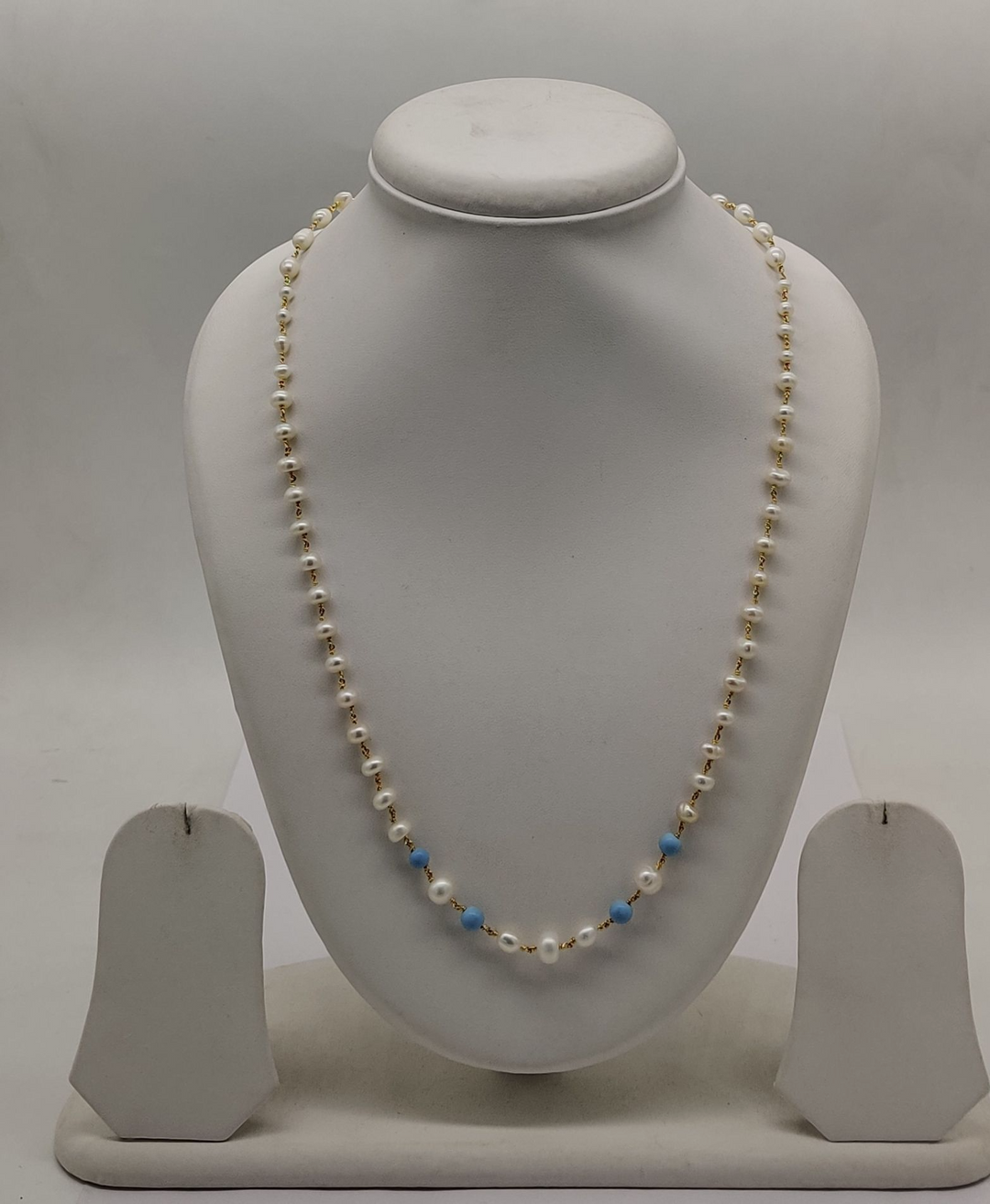 Taar mala Freshwater Pearl Necklace with Turquoise and Gold Beads | SHOBITAM