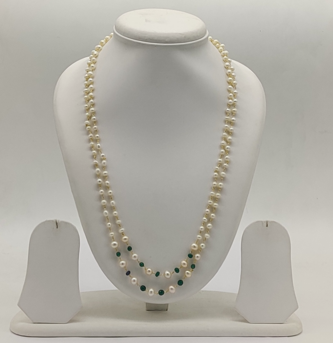 Taar mala Freshwater Pearl & Green Gemstone Two-Strand Necklace | SHOBITAM