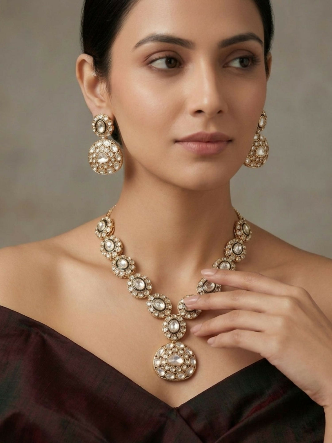 Classic Kundan Statement Necklace Set with Earrings | shobitam