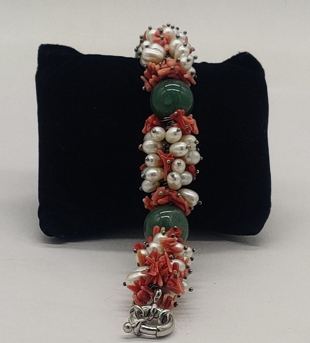 Statement Green Stone & Coral Pearl Designer Bracelet | SHOBITAM