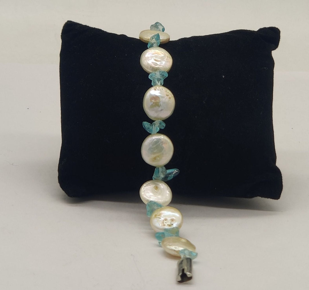 White Baroque Pearl Bracelet Blue-Green Bead Accents | SHOBITAM