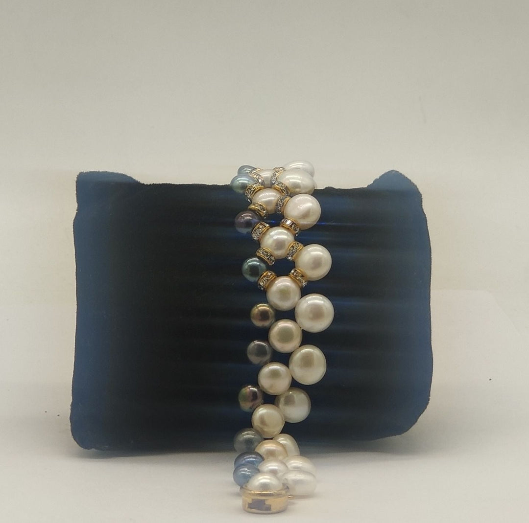 Elegant White & Blue Multi-Strand Pearl Bracelet with Gold Accents | SHOBITAM