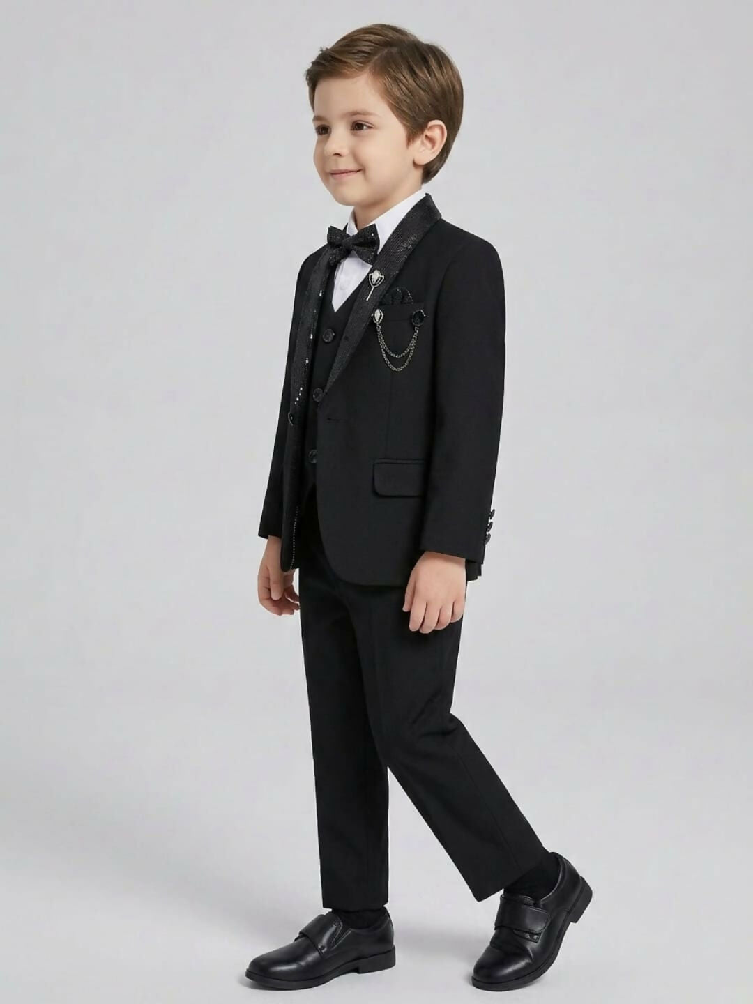 Boys Formal Black Suit Set with Blazer, Waistcoat, Dress Shirt, Trousers & Bow Tie | SHOBITAM