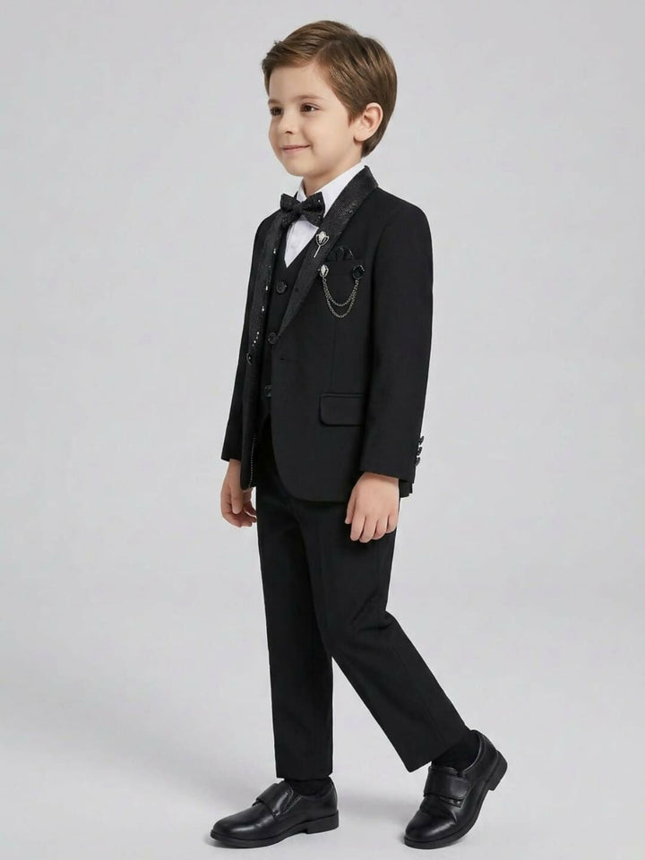 Boys Formal Black Suit Set with Blazer, Waistcoat, Dress Shirt, Trousers & Bow Tie | SHOBITAM