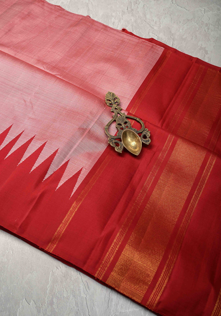 Blush Mist Color Rising Temple border on Pure Kanjivaram Silk Saree | SILK MARK CERTIFIED