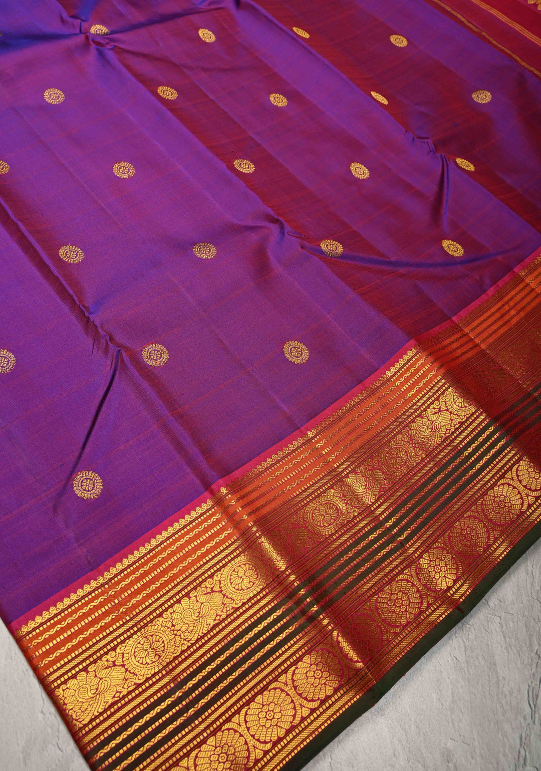 Purple Dual tone Pure Kanjivaram Silk Saree with Zari Buttas and Zari Border | SILK MARK CERTIFIED