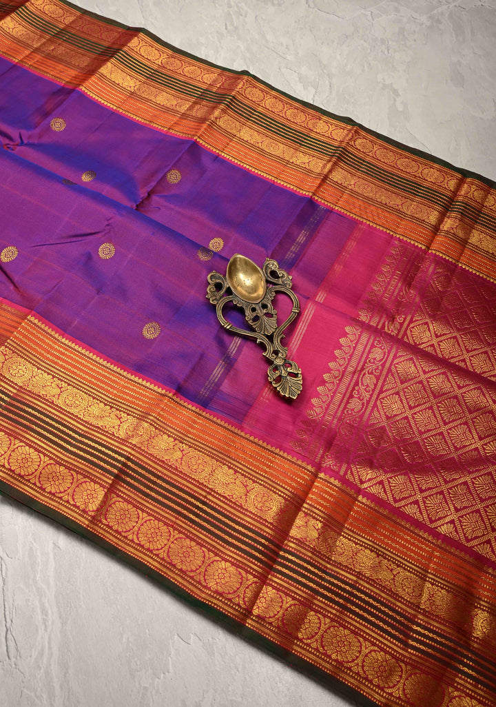 Purple Dual tone Pure Kanjivaram Silk Saree with Zari Buttas and Zari Border | SILK MARK CERTIFIED