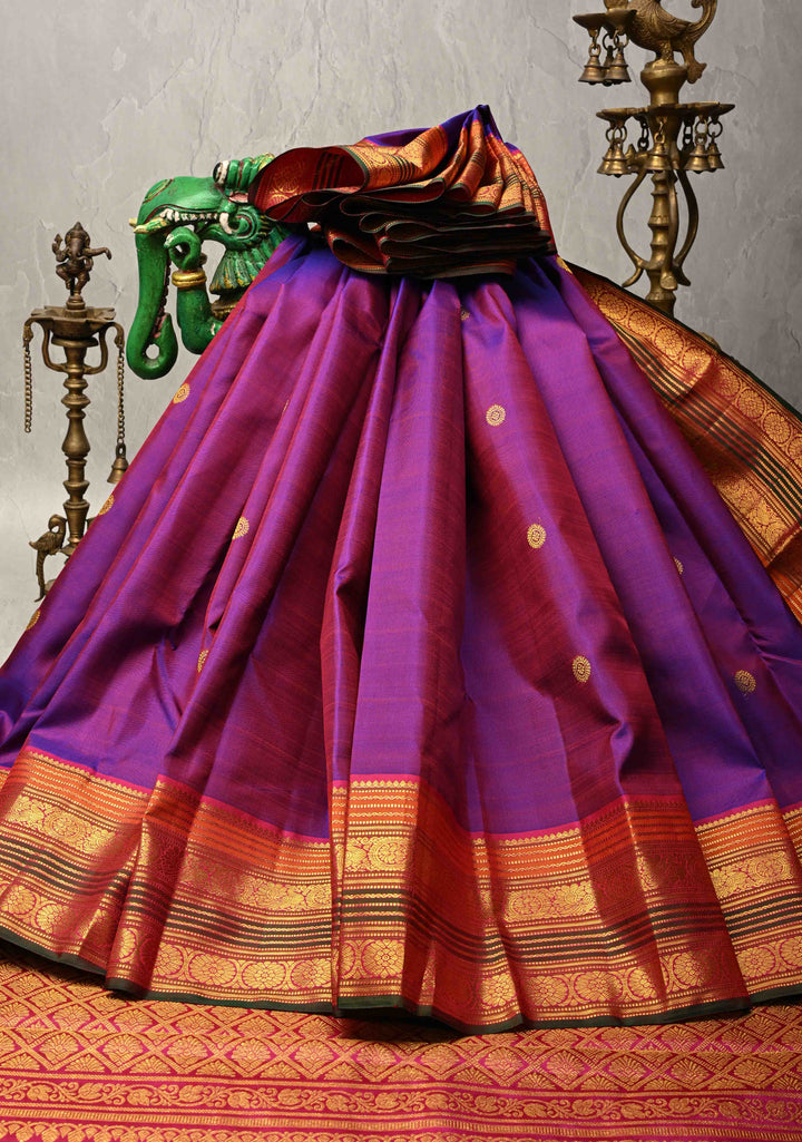 Purple Dual tone Pure Kanjivaram Silk Saree with Zari Buttas and Zari Border | SILK MARK CERTIFIED