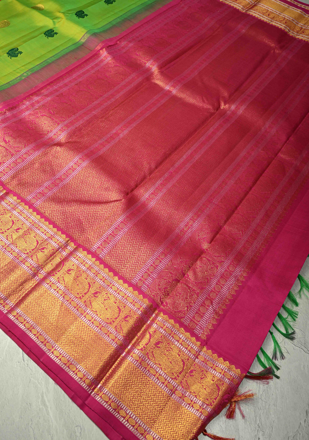 Chartreuse Pure Kanjivaram Silk Saree with Meenakari Buttas and Contrast Zari Border | SILK MARK CERTIFIED