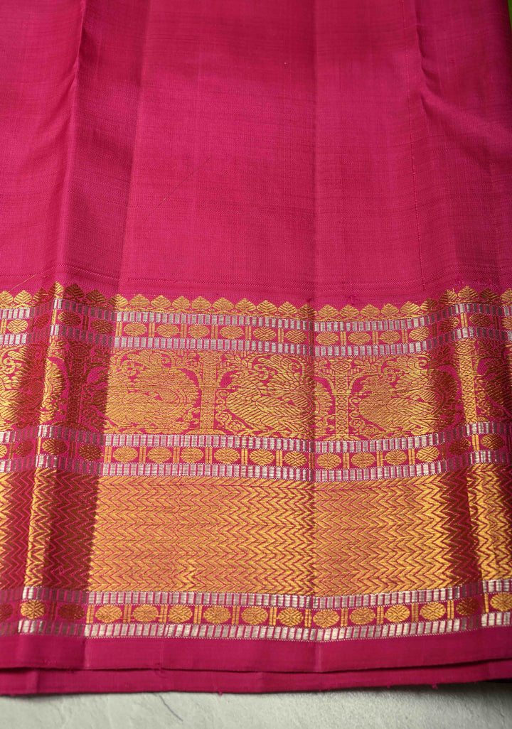 Chartreuse Pure Kanjivaram Silk Saree with Meenakari Buttas and Contrast Zari Border | SILK MARK CERTIFIED