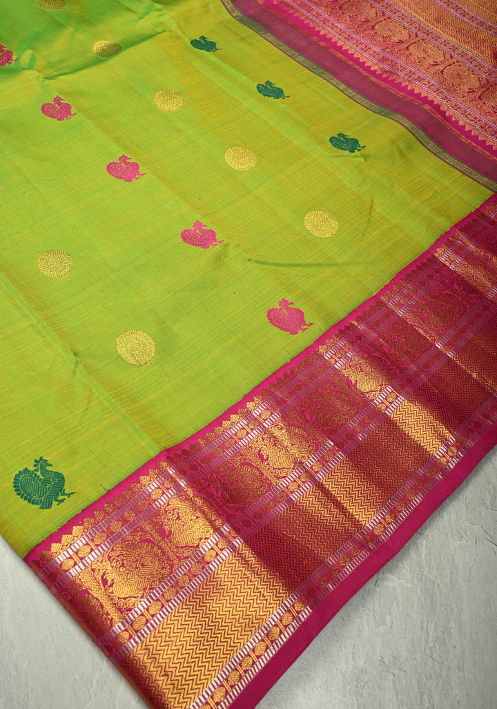 Chartreuse Pure Kanjivaram Silk Saree with Meenakari Buttas and Contrast Zari Border | SILK MARK CERTIFIED