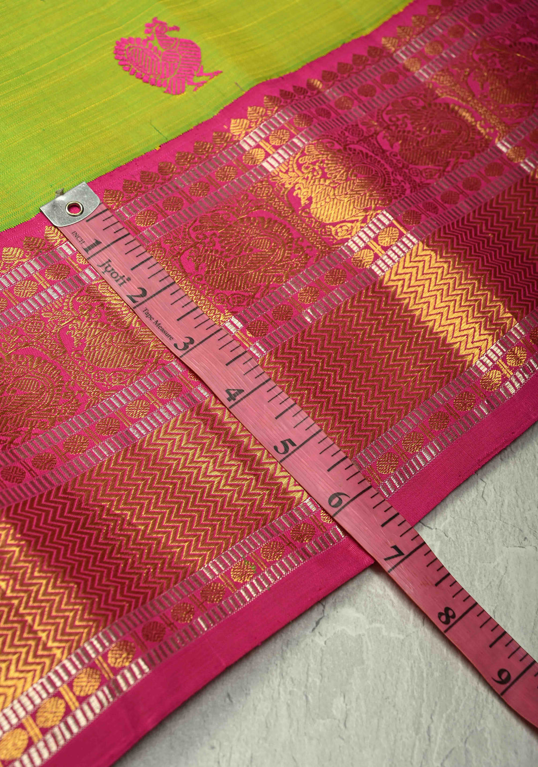 Chartreuse Pure Kanjivaram Silk Saree with Meenakari Buttas and Contrast Zari Border | SILK MARK CERTIFIED