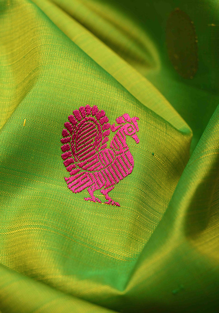 Chartreuse Pure Kanjivaram Silk Saree with Meenakari Buttas and Contrast Zari Border | SILK MARK CERTIFIED