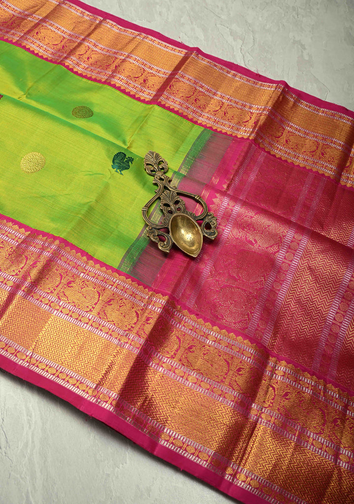 Chartreuse Pure Kanjivaram Silk Saree with Meenakari Buttas and Contrast Zari Border | SILK MARK CERTIFIED