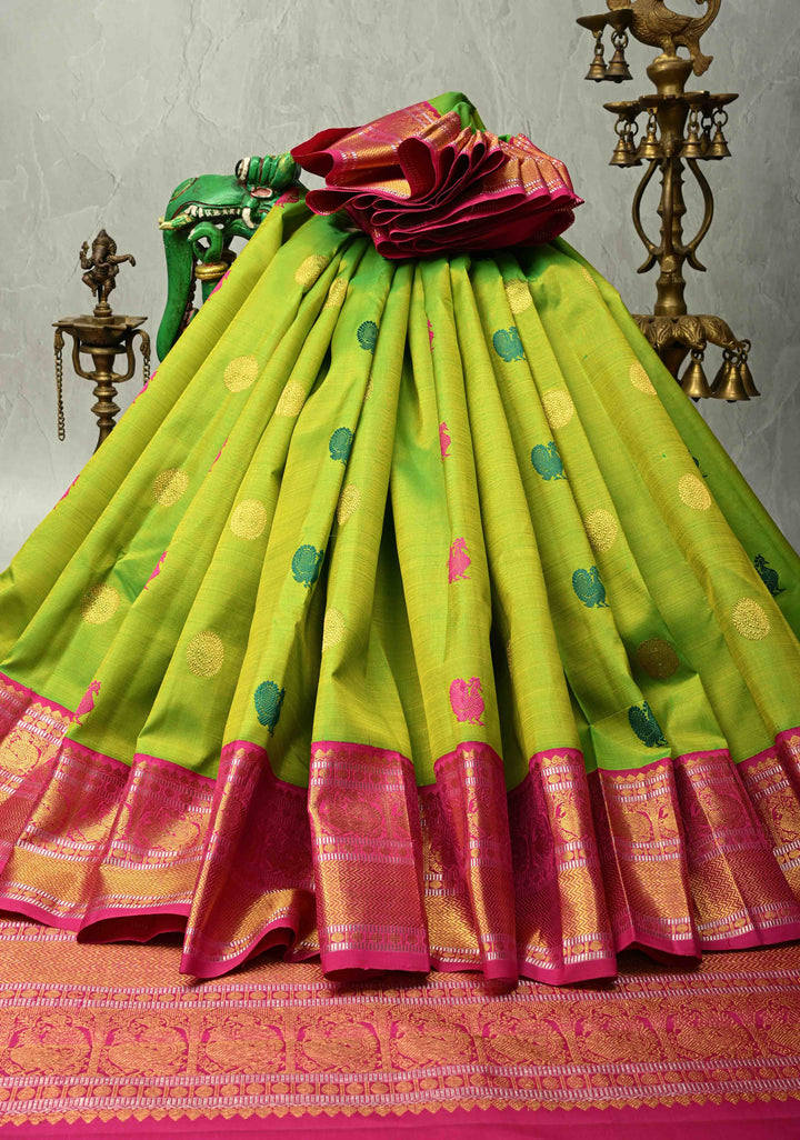 Chartreuse Pure Kanjivaram Silk Saree with Meenakari Buttas and Contrast Zari Border | SILK MARK CERTIFIED