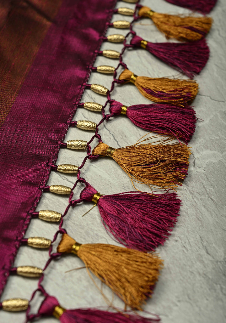 Deep Magenta and Gold Rising Temple Border on Pure Kanjivaram Silk Saree | SILK MARK CERTIFIED | SHOBITAM