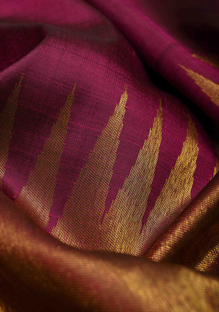 Deep Magenta and Gold Rising Temple Border on Pure Kanjivaram Silk Saree | SILK MARK CERTIFIED | SHOBITAM