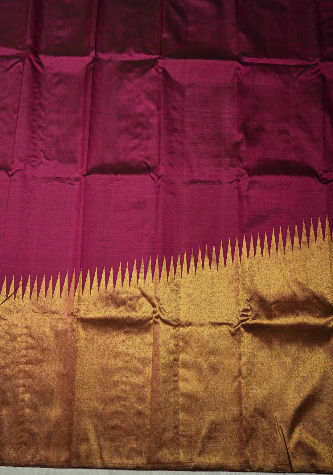Deep Magenta and Gold Rising Temple Border on Pure Kanjivaram Silk Saree | SILK MARK CERTIFIED | SHOBITAM