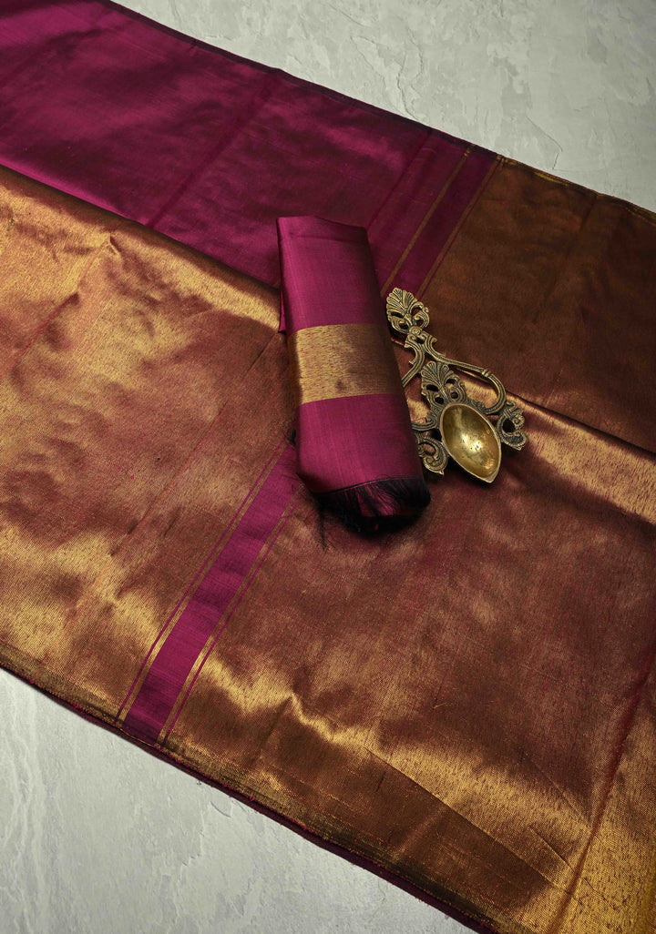 Deep Magenta and Gold Rising Temple Border on Pure Kanjivaram Silk Saree | SILK MARK CERTIFIED | SHOBITAM