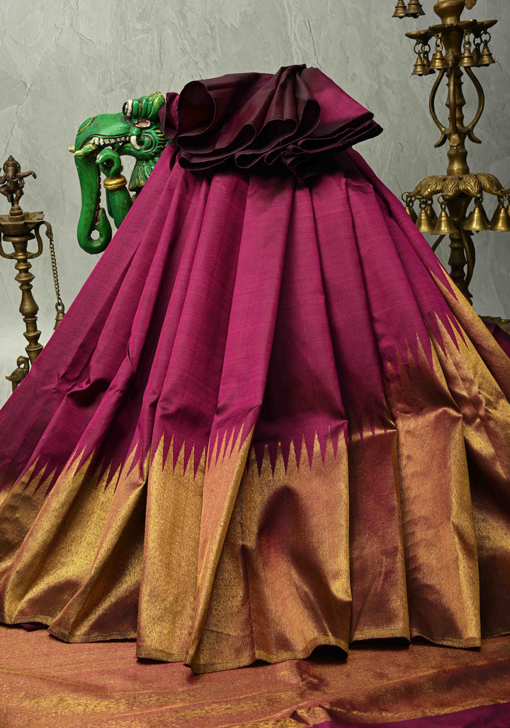 Deep Magenta and Gold Rising Temple Border on Pure Kanjivaram Silk Saree | SILK MARK CERTIFIED | SHOBITAM