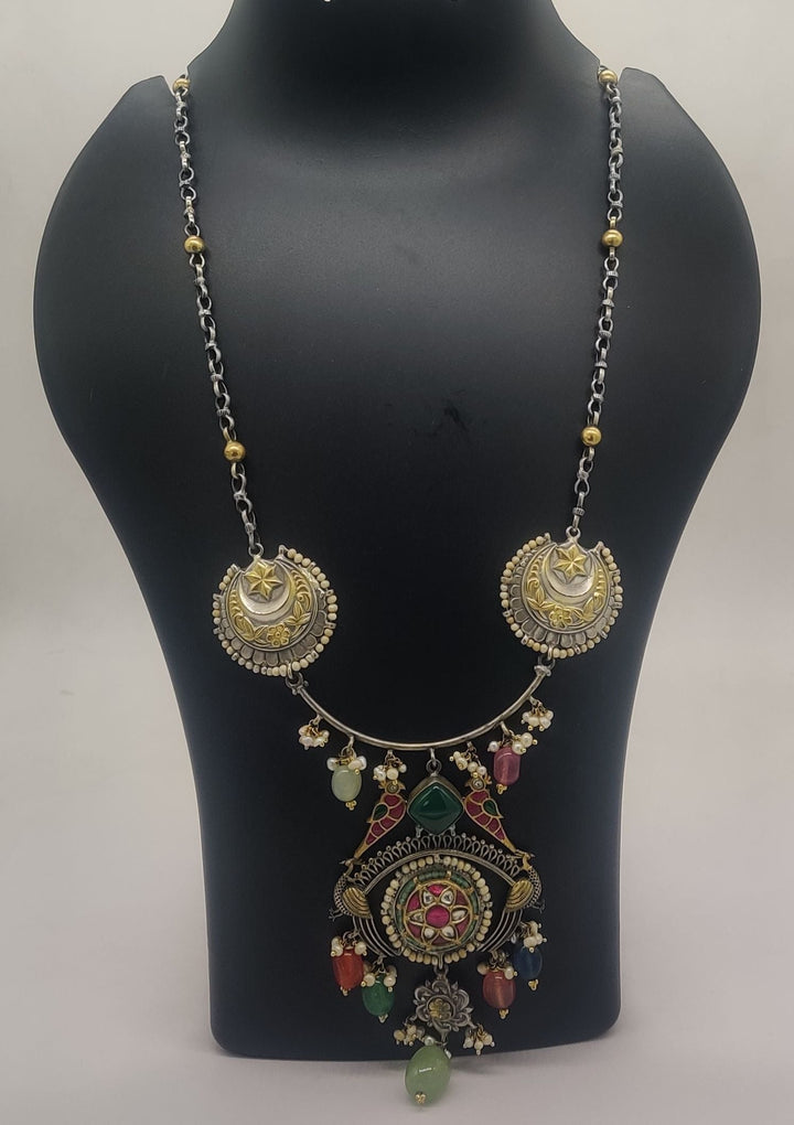 92.5 Oxidized Silver Chandtara Crescent Medallion Necklace | SHOBITAM