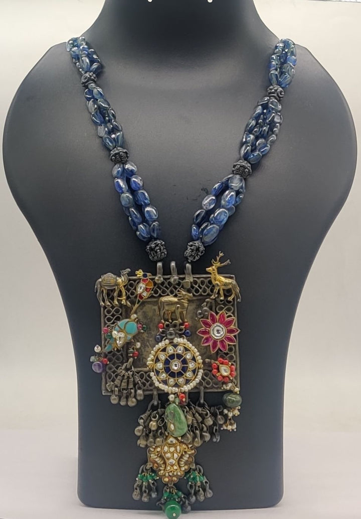 92.5 Silver Oxidised Neelchakra Motif Pendant Necklace | SHOBITAM