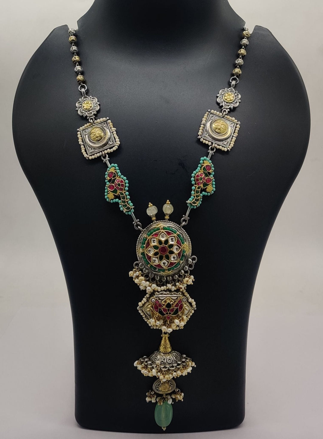 92.5 oxidized silver Rupashree Jhumka Medallion Necklace | SHOBITAM